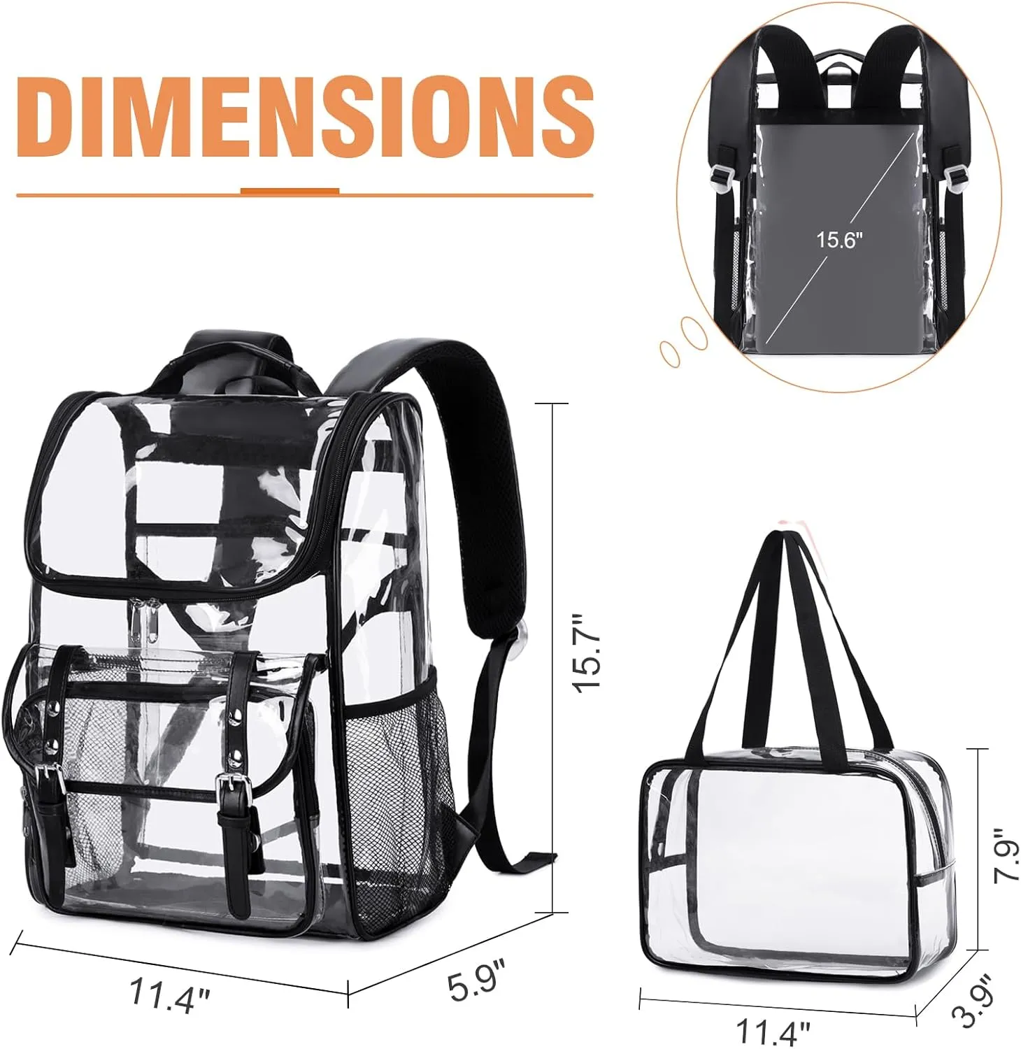 Clear Backpack with Lunch Bag Set, Leather Clear Backpack Heavy Duty Thick PVC Bookbag Large See Through Transparent Backpacks with Support Pad for Women Men School College Work Black