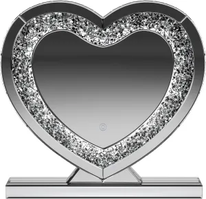 Coaster Home Furnishings Euston Modern Classic Heart Shaped LED Vanity Mirror Mirrored Table Top Makeup Mirror with Light Acrylic Crystal Inlay Mirror 961528
