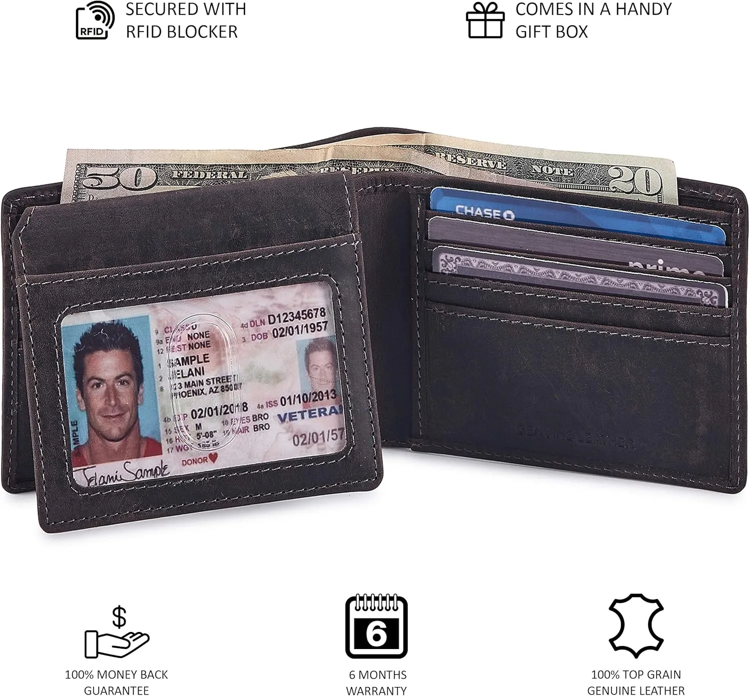 Cochoa Wallet for Men's RFID Blocking Real Leather Bifold Stylish 2 ID Window in Gift Box