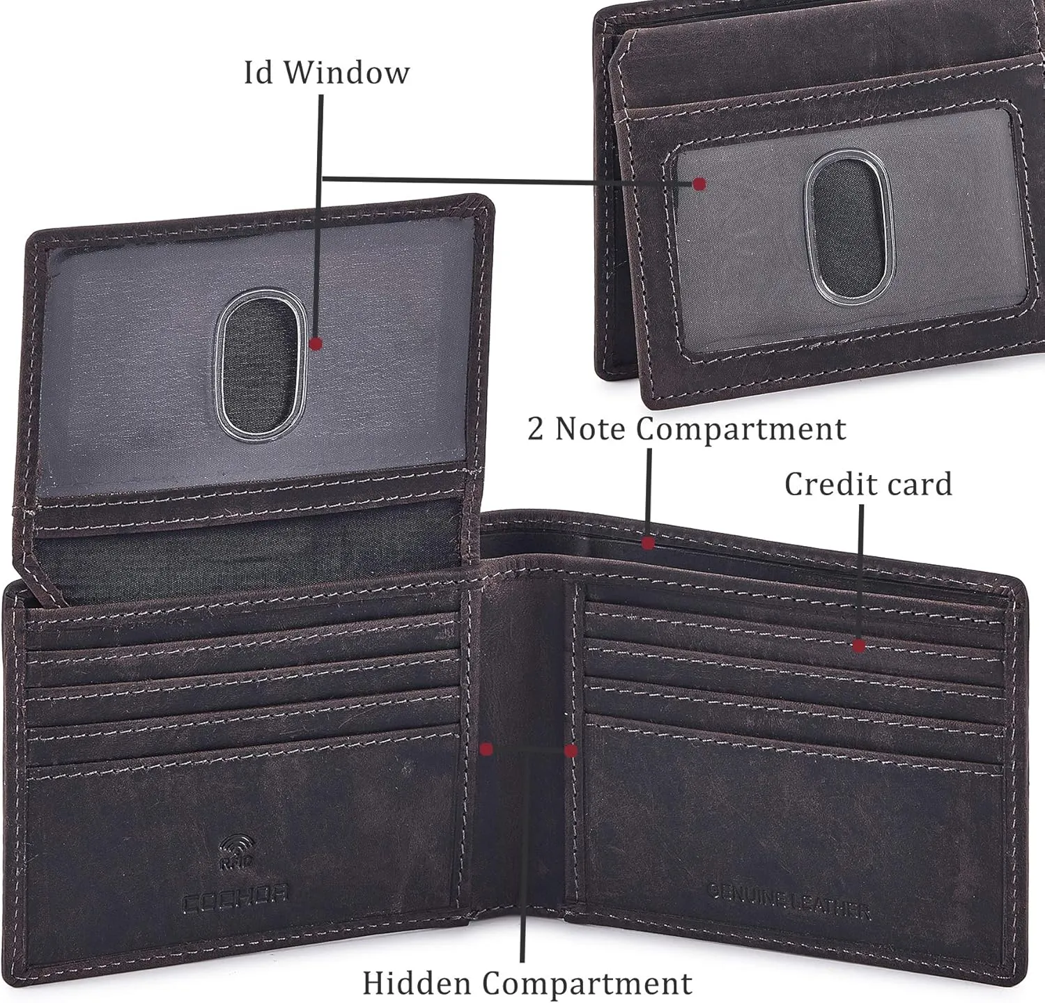 Cochoa Wallet for Men's RFID Blocking Real Leather Bifold Stylish 2 ID Window in Gift Box