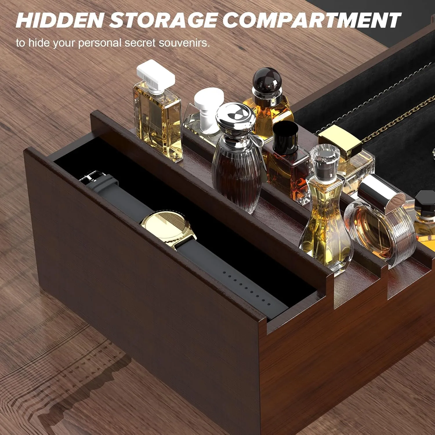 Cologne Organizer for Men, 4 Tier Wood Perfume Organizer with Felt Lining Drawer and Hidden Compartment, Perfume Display Holder, A Gift for Men