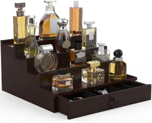 Cologne Organizer for Men, 4 Tier Wood Perfume Organizer with Felt Lining Drawer and Hidden Compartment, Perfume Display Holder, A Gift for Men