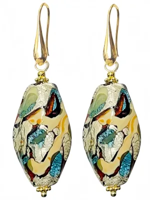 Colorful Murano Glass Earrings, Elegant Multicolor (Teal Green Blue Silver) Murano Jewelry, Artistic Random Splashes Drop Dangle Earrings for Women Trendy