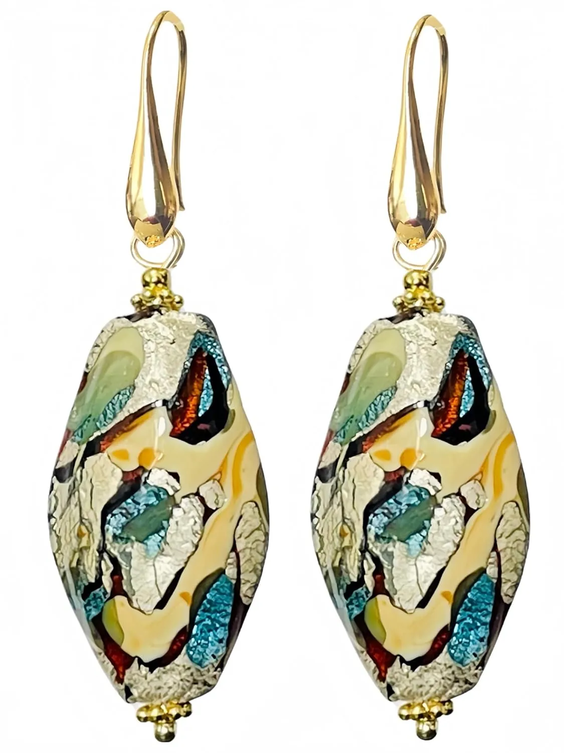 Colorful Murano Glass Earrings, Elegant Multicolor (Teal Green Blue Silver) Murano Jewelry, Artistic Random Splashes Drop Dangle Earrings for Women Trendy