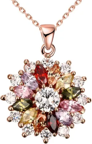 Colorful Snowflake Pendant Necklace, Rose Gold Plated Multi Gemstone Necklaces Marquise Cubic Zirconia Necklace for Women, 18 2 inch
