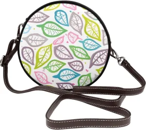 Coloured Foliage Lines Removable Shoulder Strap Waterproof Leather Shoulder Round Bag Crossbody Bag Travel Shopping Dating Handbag Purse
