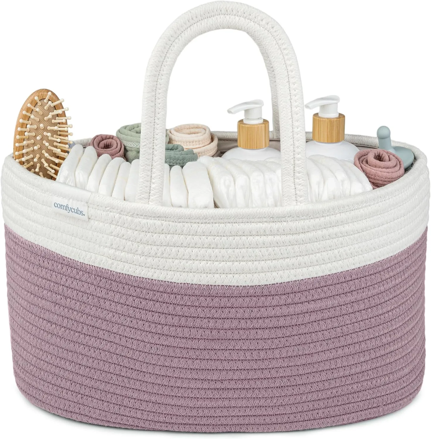 Comfy Cubs Rope Diaper Caddy Organizer 8.5" x 15" x 8" - Large Baby Diaper Basket with 3 Spacious Compartments - Stylish Cotton Baby Caddy Organizer for Diapers, Wipes & Essentials - Mauve