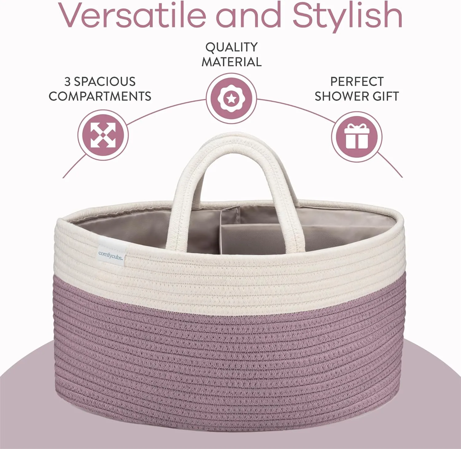 Comfy Cubs Rope Diaper Caddy Organizer 8.5" x 15" x 8" - Large Baby Diaper Basket with 3 Spacious Compartments - Stylish Cotton Baby Caddy Organizer for Diapers, Wipes & Essentials - Mauve