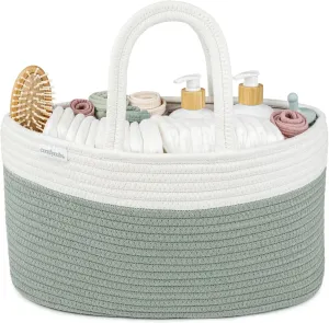 Comfy Cubs Rope Diaper Caddy Organizer 8.5" x 15" x 8" - Large Baby Diaper Basket with 3 Spacious Compartments - Stylish Cotton Baby Caddy Organizer for Diapers, Wipes & Essentials - Sage