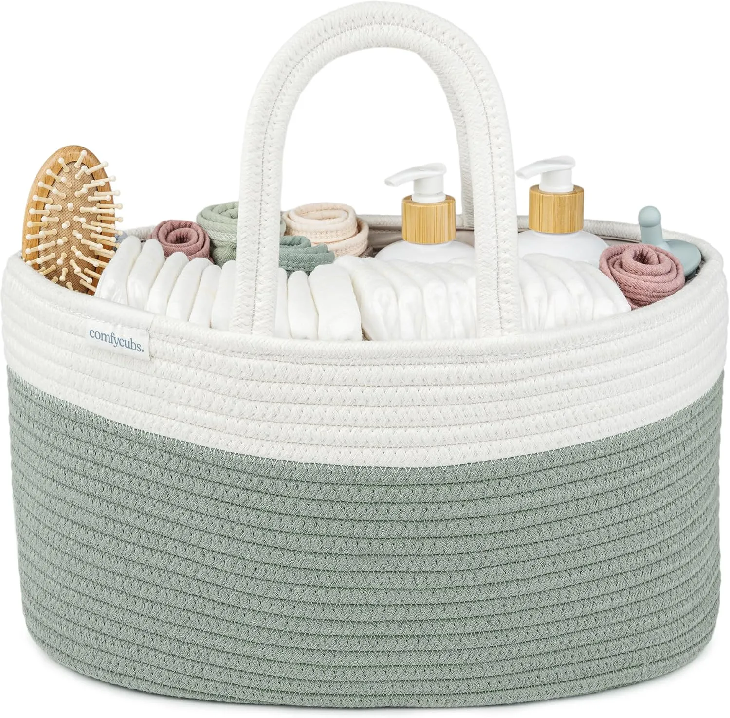 Comfy Cubs Rope Diaper Caddy Organizer 8.5" x 15" x 8" - Large Baby Diaper Basket with 3 Spacious Compartments - Stylish Cotton Baby Caddy Organizer for Diapers, Wipes & Essentials - Sage