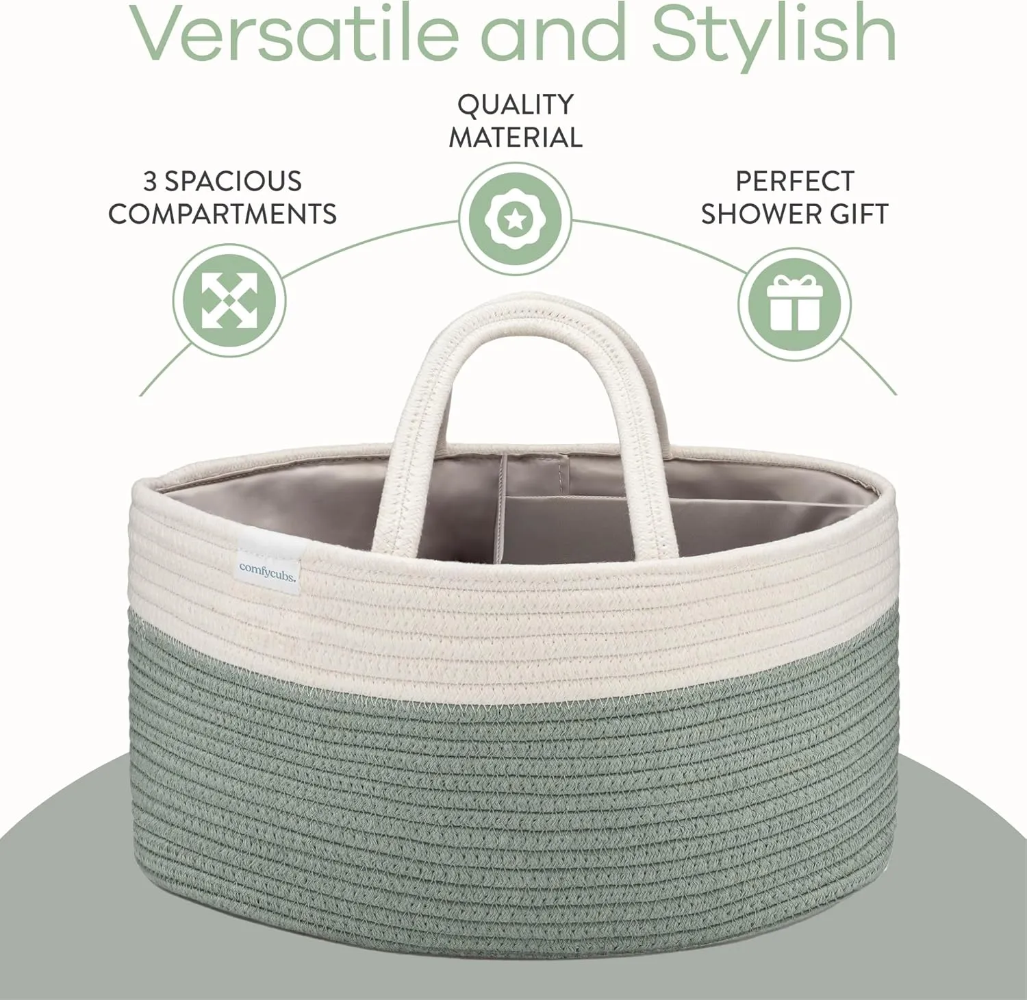 Comfy Cubs Rope Diaper Caddy Organizer 8.5" x 15" x 8" - Large Baby Diaper Basket with 3 Spacious Compartments - Stylish Cotton Baby Caddy Organizer for Diapers, Wipes & Essentials - Sage