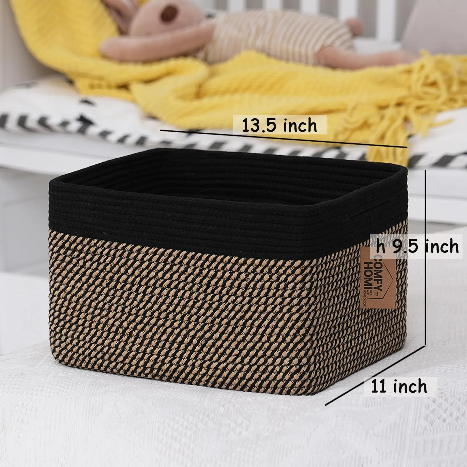 COMFY-HOMI 3PACK Cotton Rope Square Basket with Handles for Shelves|Dog Toy Basket Bin and Storage|Baby Basket for Gift|Shoe Basket for Organizing|New 13.5" x 11" x 9.5" for Living Room（Black/Jute）