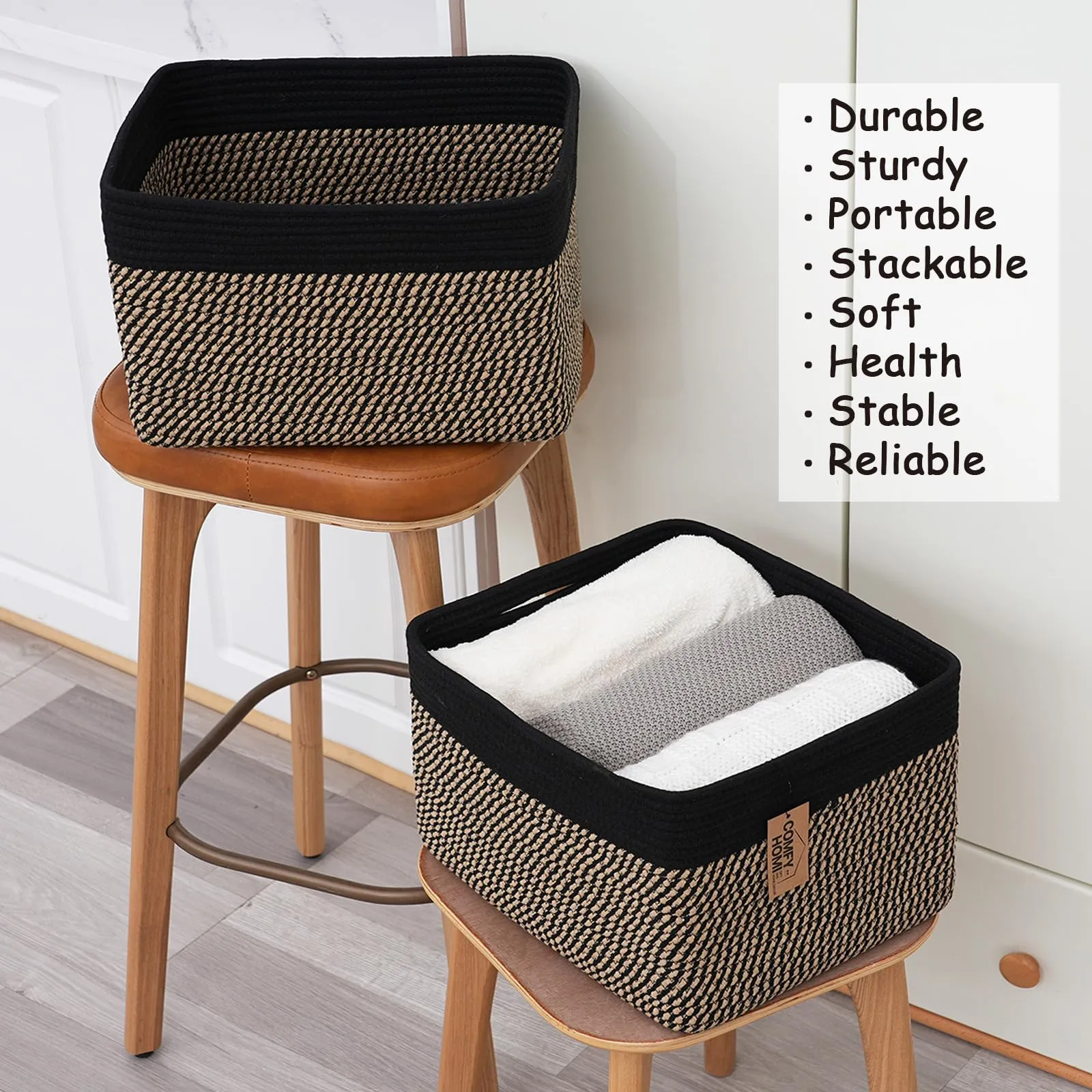 COMFY-HOMI 3PACK Cotton Rope Square Basket with Handles for Shelves|Dog Toy Basket Bin and Storage|Baby Basket for Gift|Shoe Basket for Organizing|New 13.5" x 11" x 9.5" for Living Room（Black/Jute）