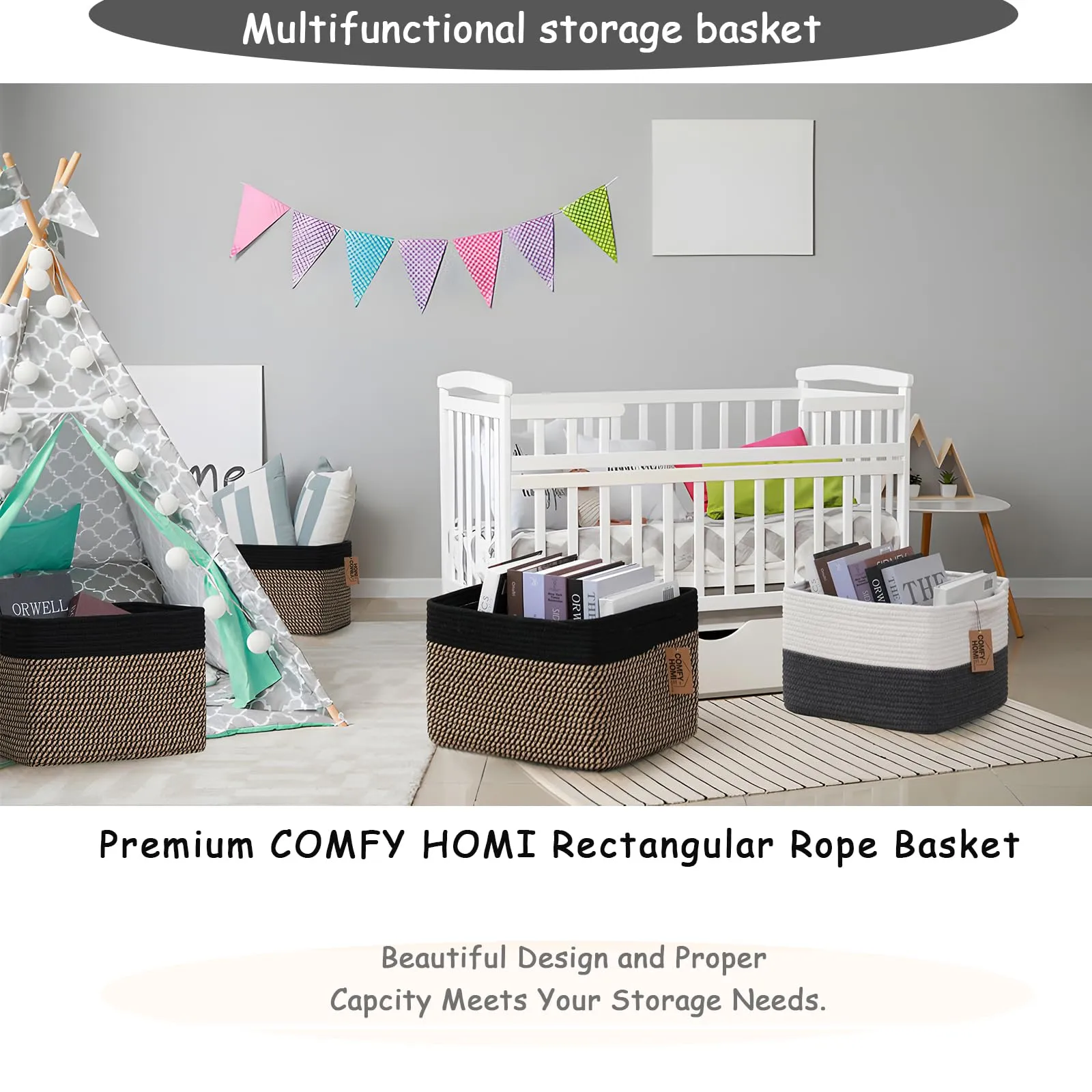 COMFY-HOMI 3PACK Cotton Rope Square Basket with Handles for Shelves|Dog Toy Basket Bin and Storage|Baby Basket for Gift|Shoe Basket for Organizing|New 13.5" x 11" x 9.5" for Living Room（Black/Jute）
