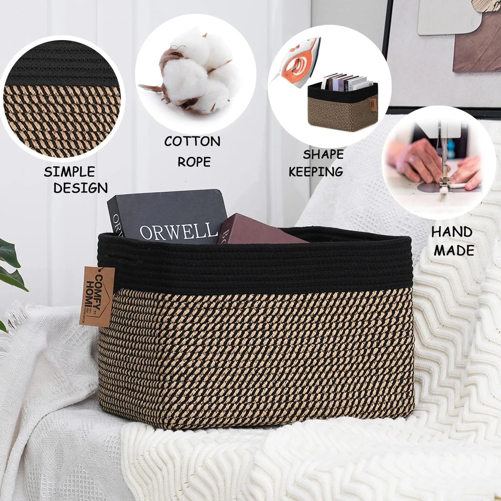 COMFY-HOMI 3PACK Cotton Rope Square Basket with Handles for Shelves|Dog Toy Basket Bin and Storage|Baby Basket for Gift|Shoe Basket for Organizing|New 13.5" x 11" x 9.5" for Living Room（Black/Jute）