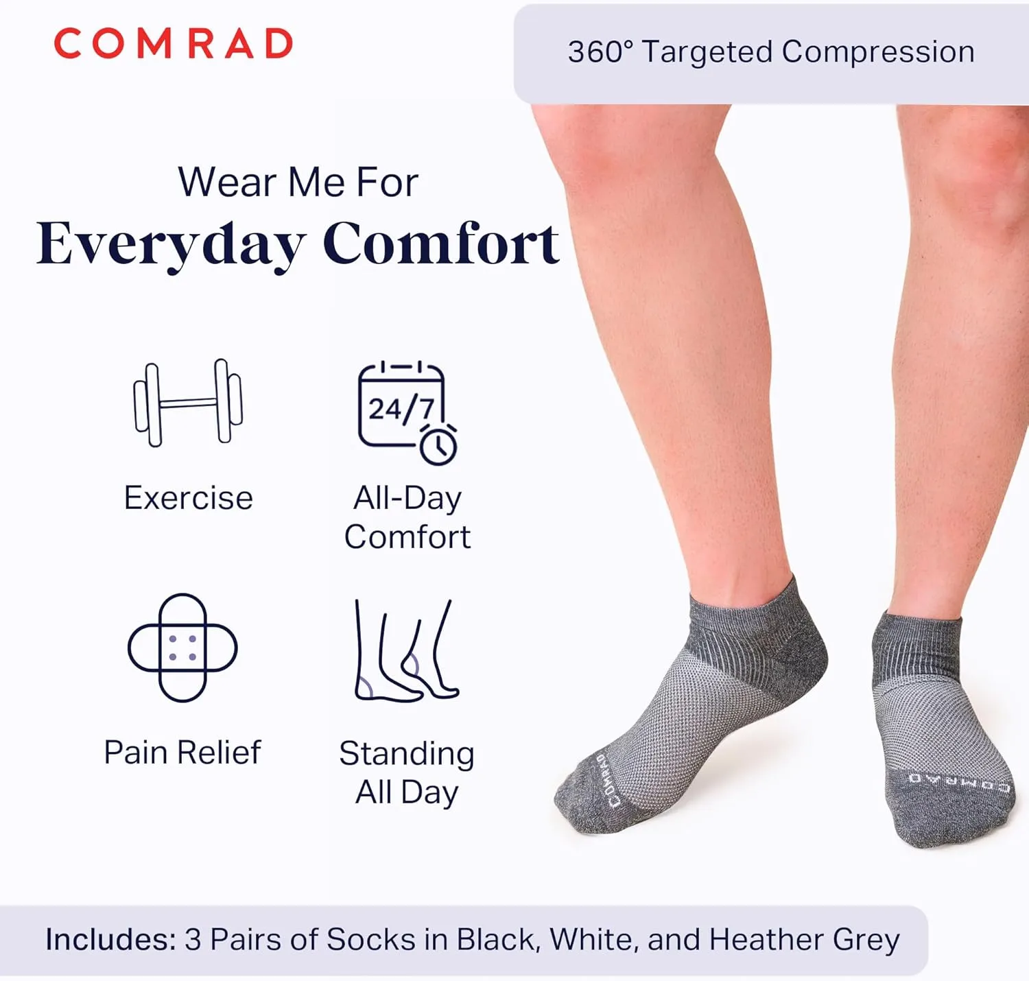 Comrad 3-Pack Nylon Ankle Compression Socks with Targeted Arch Compression