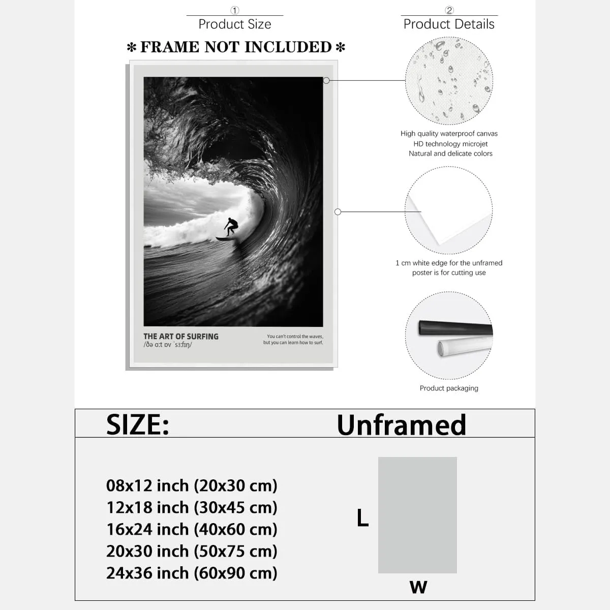 Cool Black and White Surfing Canvas Wall Art Surfer Wave Photography Poster Coastal Minimalist Ocean Print Beach House Decor Motivational Men Surf Room Tropical Pictures Painting 16x24inch Unframed