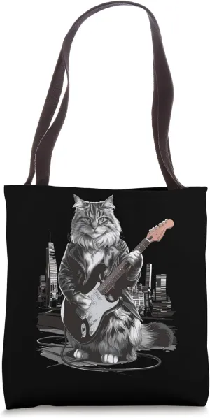 Cool Cat Rocking a Guitar on Rooftop Tote Bag