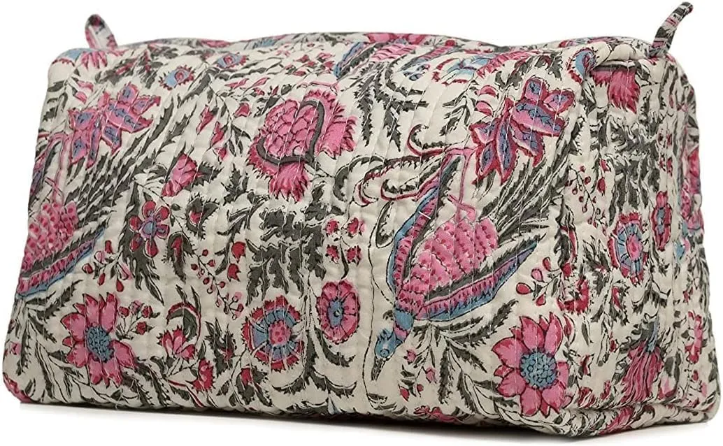 Cotton Hand Block Floral Print Toiletry Bag For Women Make Up Cosmetic Bag Jewelry Organizer Kit Storage Case Travel Accessories Essential Toiletries Purse Pouch (Multi - Set of 3, Small Medium Large)