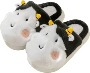 Cow Slippers for Kids Cartoon House Slippers Fuzzy Fluffy Cute Animal Slides Warm Soft Plush Lined Shoes