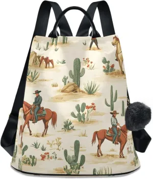 Cowboy Cactus Backpack for Women Anti Theft Large Fashion Travel Shoulder Bag Purse Rucksack Lightweight
