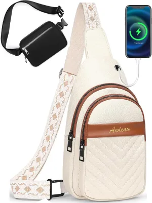 Crossbody bags for Women, Faux Leather Small Sling Bag Fashion Shoulder Waist Packs Purse and Fanny Packs Set, off White