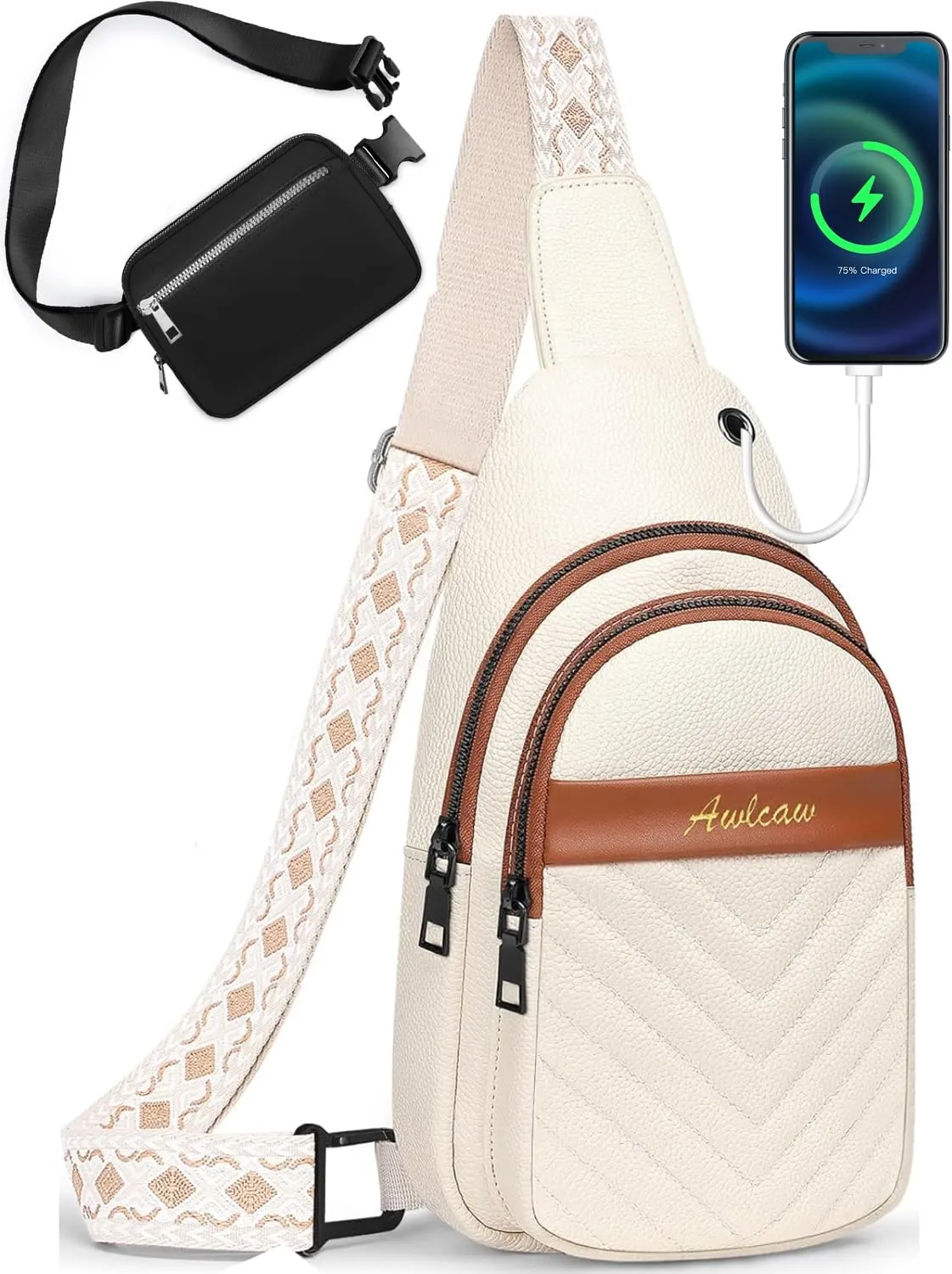 Crossbody bags for Women, Faux Leather Small Sling Bag Fashion Shoulder Waist Packs Purse and Fanny Packs Set, off White