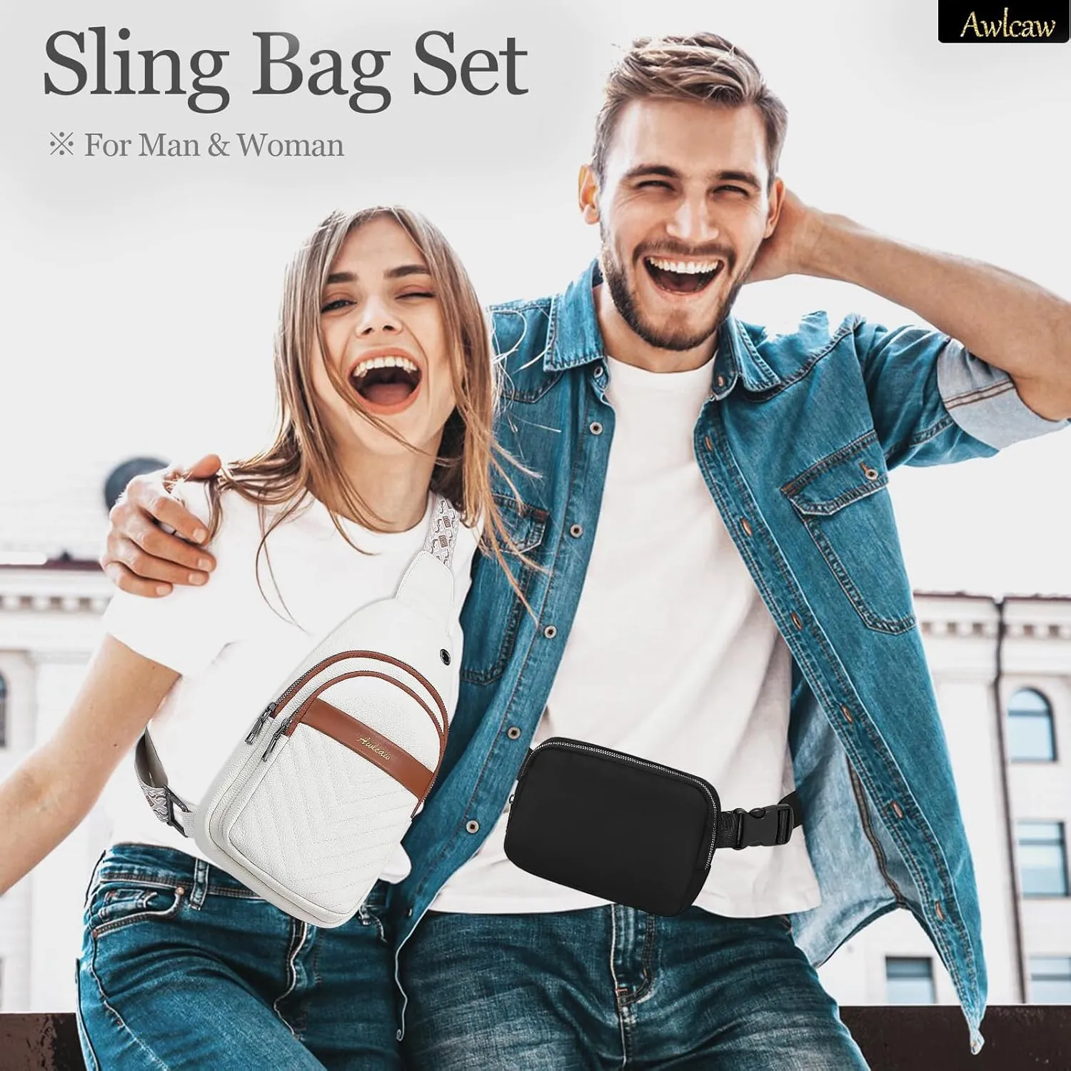 Crossbody bags for Women, Faux Leather Small Sling Bag Fashion Shoulder Waist Packs Purse and Fanny Packs Set, off White