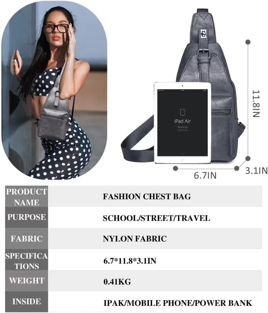 Crossbody Sling Bag for Women Men Small Cross Body Purse Anti Theft Fanny Pack Waterproof Vegan PU Leather Backpack Trendy Daypack Chest Bag for Travel Sports Running Hiking with Guitar Strap ,Grey