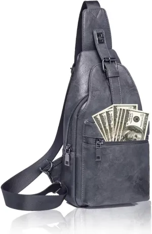 Crossbody Sling Bag for Women Men Small Cross Body Purse Anti Theft Fanny Pack Waterproof Vegan PU Leather Backpack Trendy Daypack Chest Bag for Travel Sports Running Hiking with Guitar Strap ,Grey