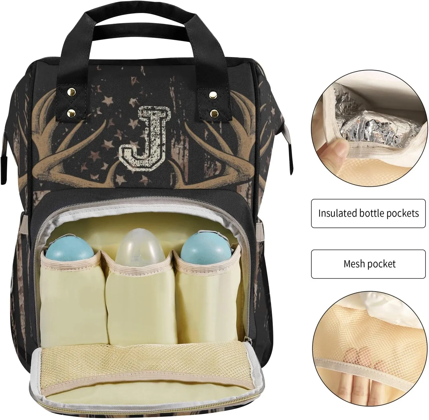 Custom Diaper Bag Backpack - Brown Camo Flag Deer Baby Girl Diaper Bag Backpack for Dad Boy Men with Name