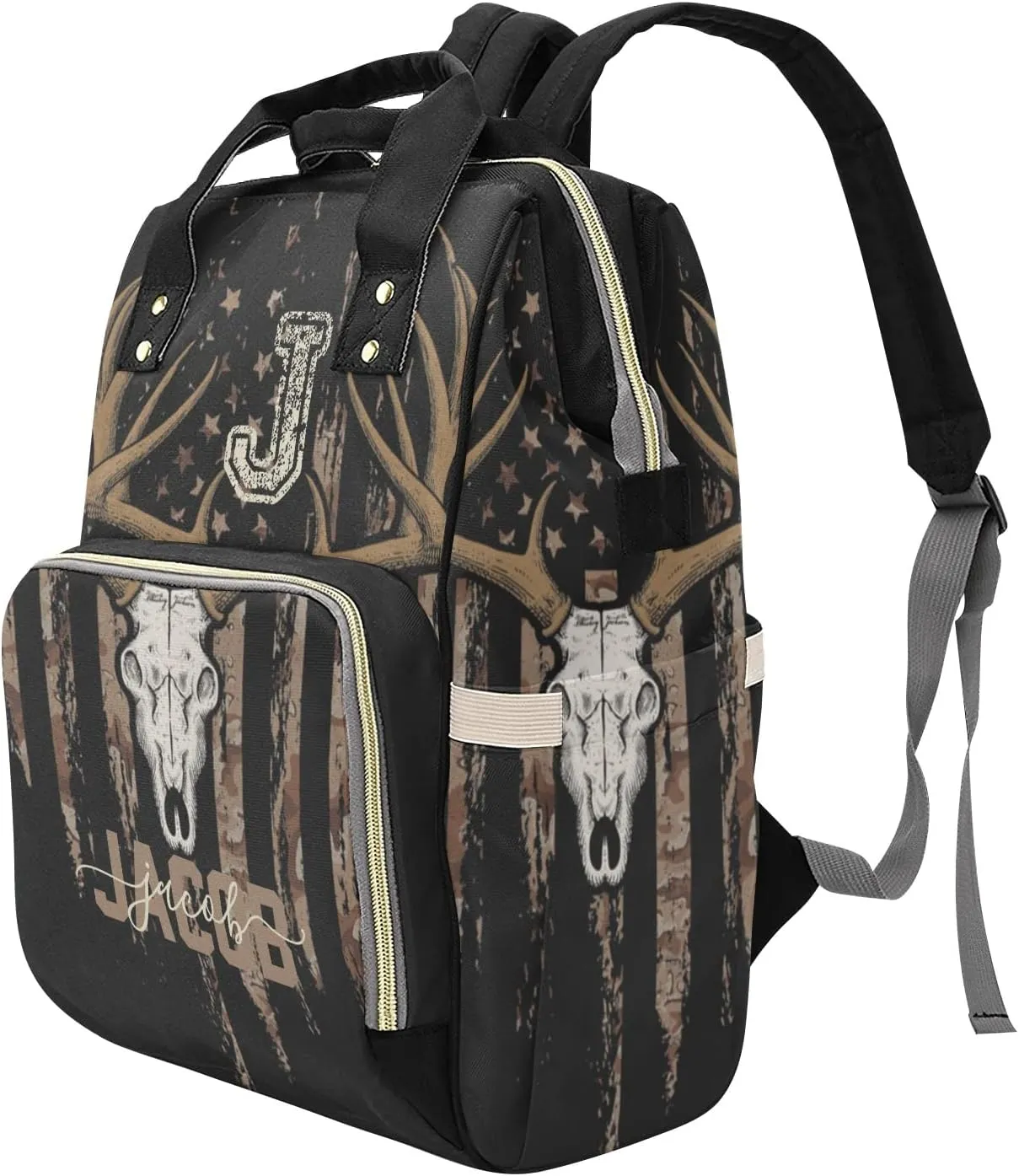 Custom Diaper Bag Backpack - Brown Camo Flag Deer Baby Girl Diaper Bag Backpack for Dad Boy Men with Name