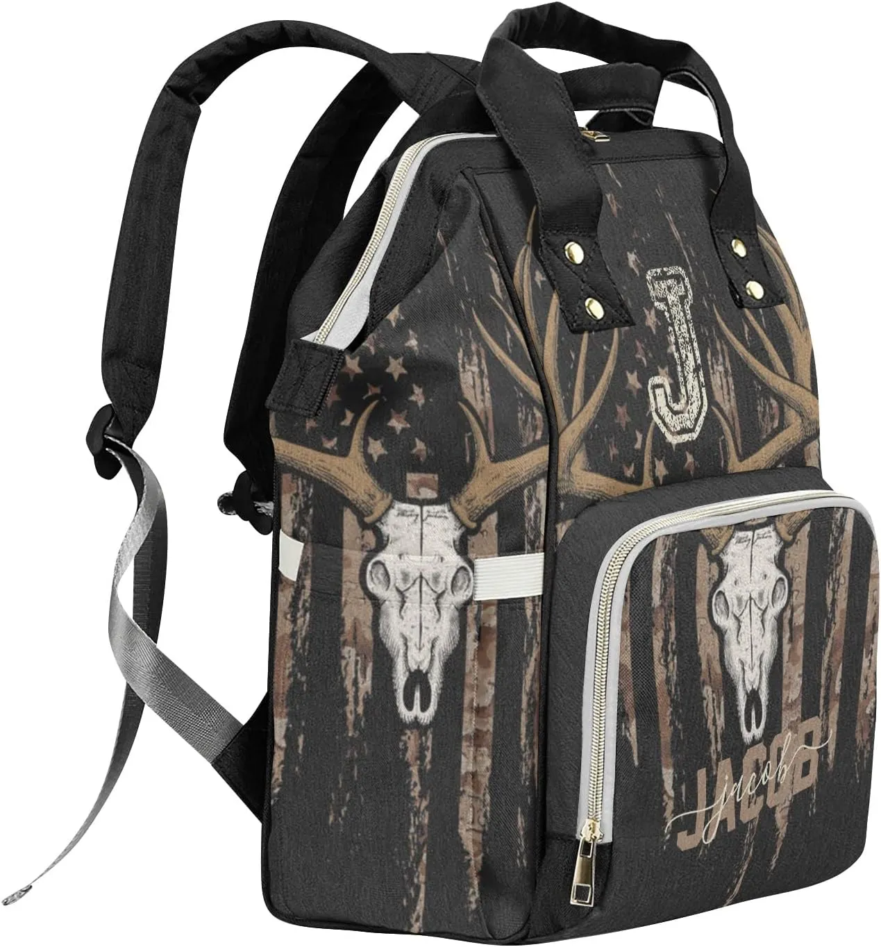 Custom Diaper Bag Backpack - Brown Camo Flag Deer Baby Girl Diaper Bag Backpack for Dad Boy Men with Name