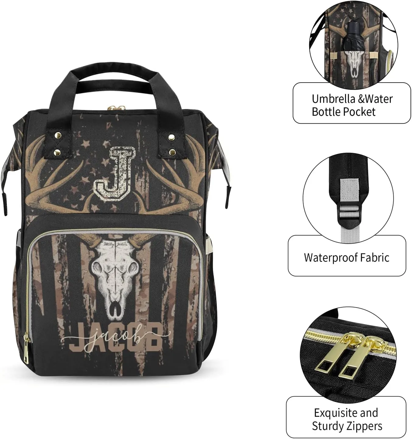 Custom Diaper Bag Backpack - Brown Camo Flag Deer Baby Girl Diaper Bag Backpack for Dad Boy Men with Name