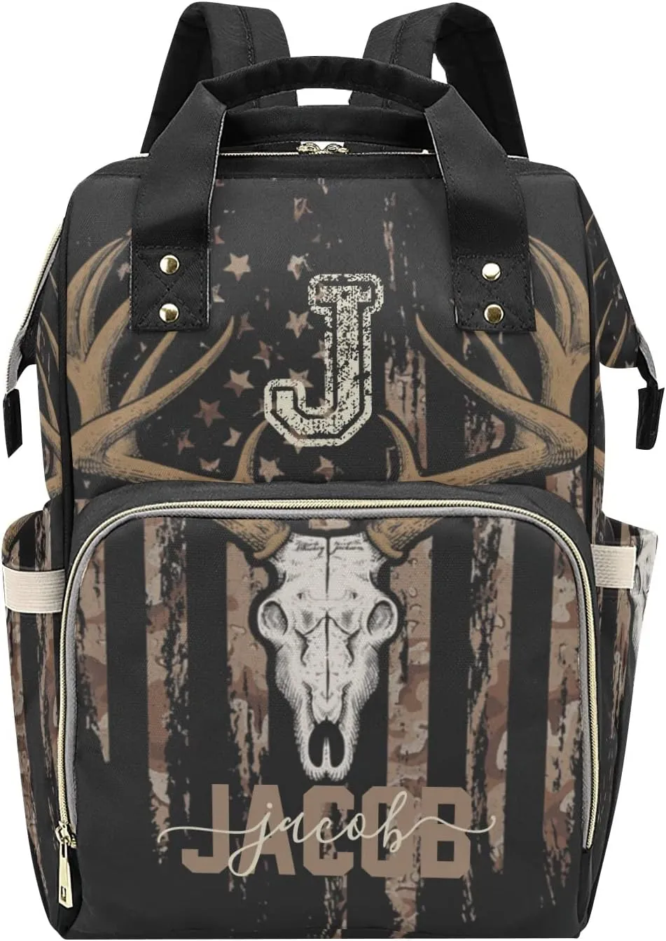Custom Diaper Bag Backpack - Brown Camo Flag Deer Baby Girl Diaper Bag Backpack for Dad Boy Men with Name