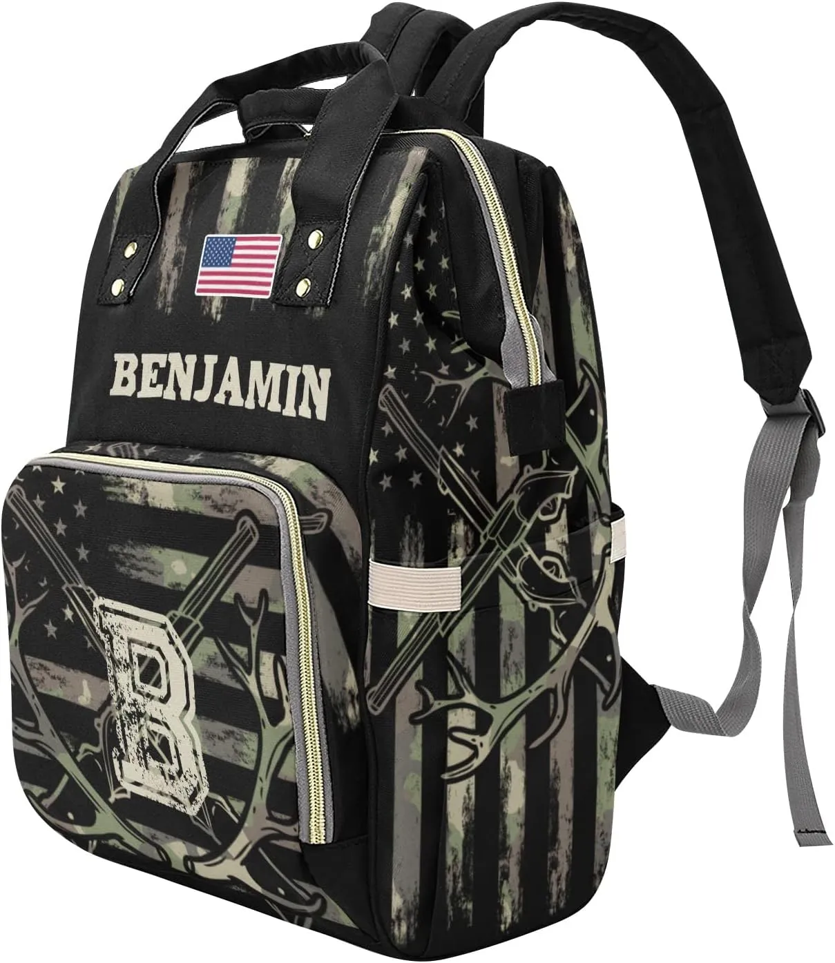 Custom Diaper Bag Backpack - Camo Flag Deer Black Baby Girl Diaper Bag Backpack for Dad Boy Men with Name