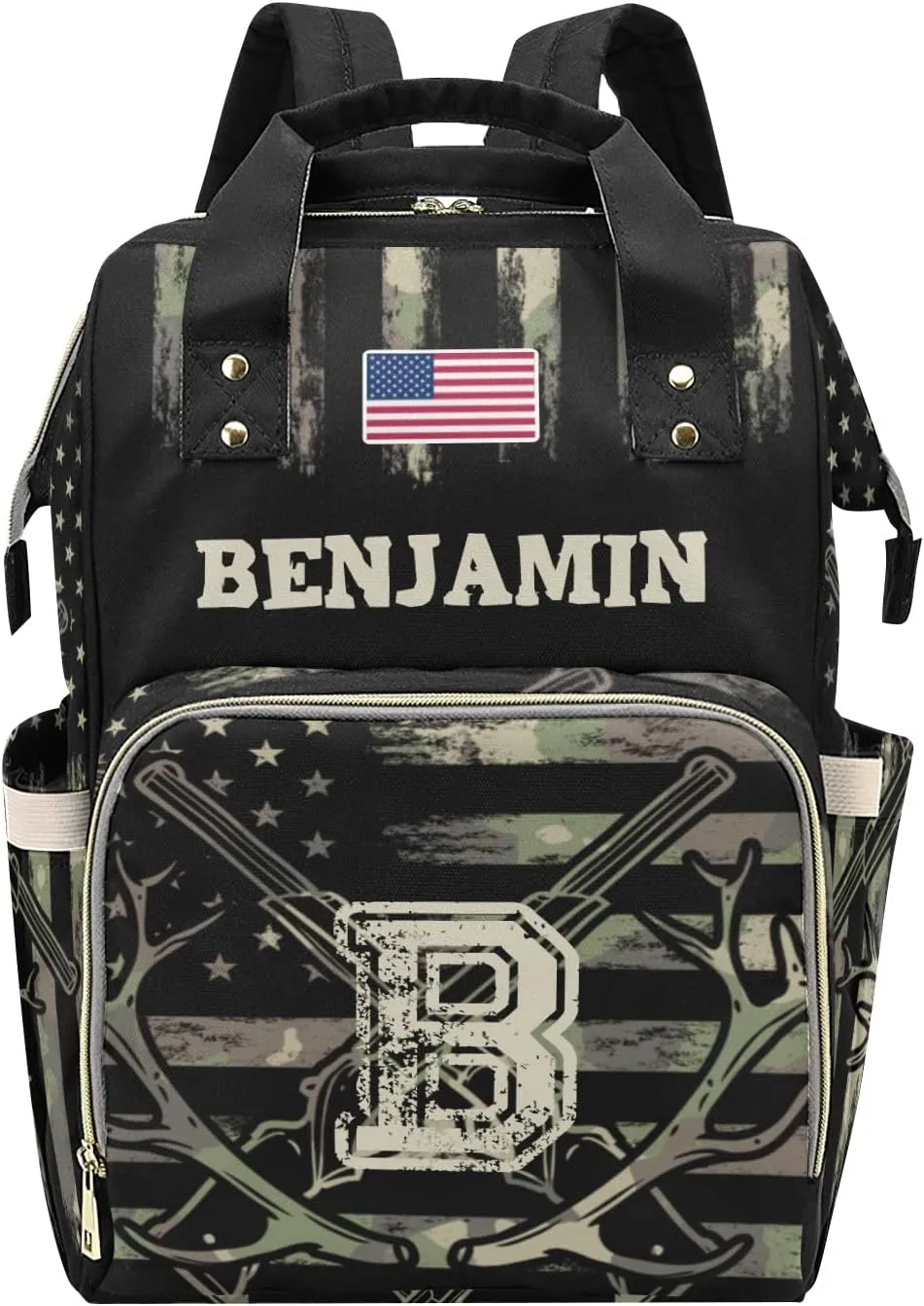 Custom Diaper Bag Backpack - Camo Flag Deer Black Baby Girl Diaper Bag Backpack for Dad Boy Men with Name