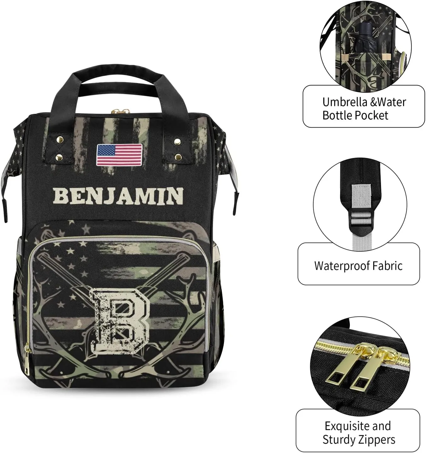 Custom Diaper Bag Backpack - Camo Flag Deer Black Baby Girl Diaper Bag Backpack for Dad Boy Men with Name