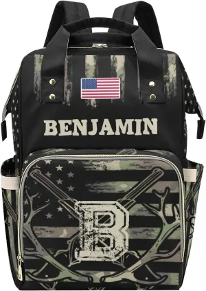 Custom Diaper Bag Backpack - Camo Flag Deer Black Baby Girl Diaper Bag Backpack for Dad Boy Men with Name