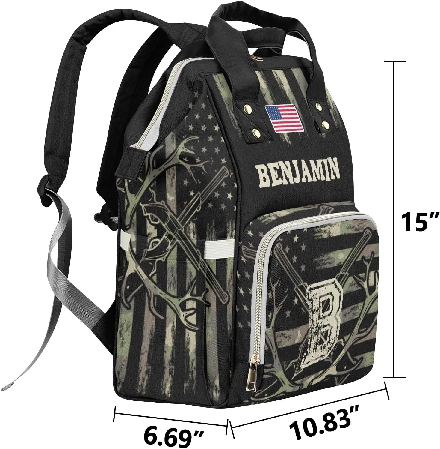 Custom Diaper Bag Backpack - Camo Flag Deer Black Baby Girl Diaper Bag Backpack for Dad Boy Men with Name