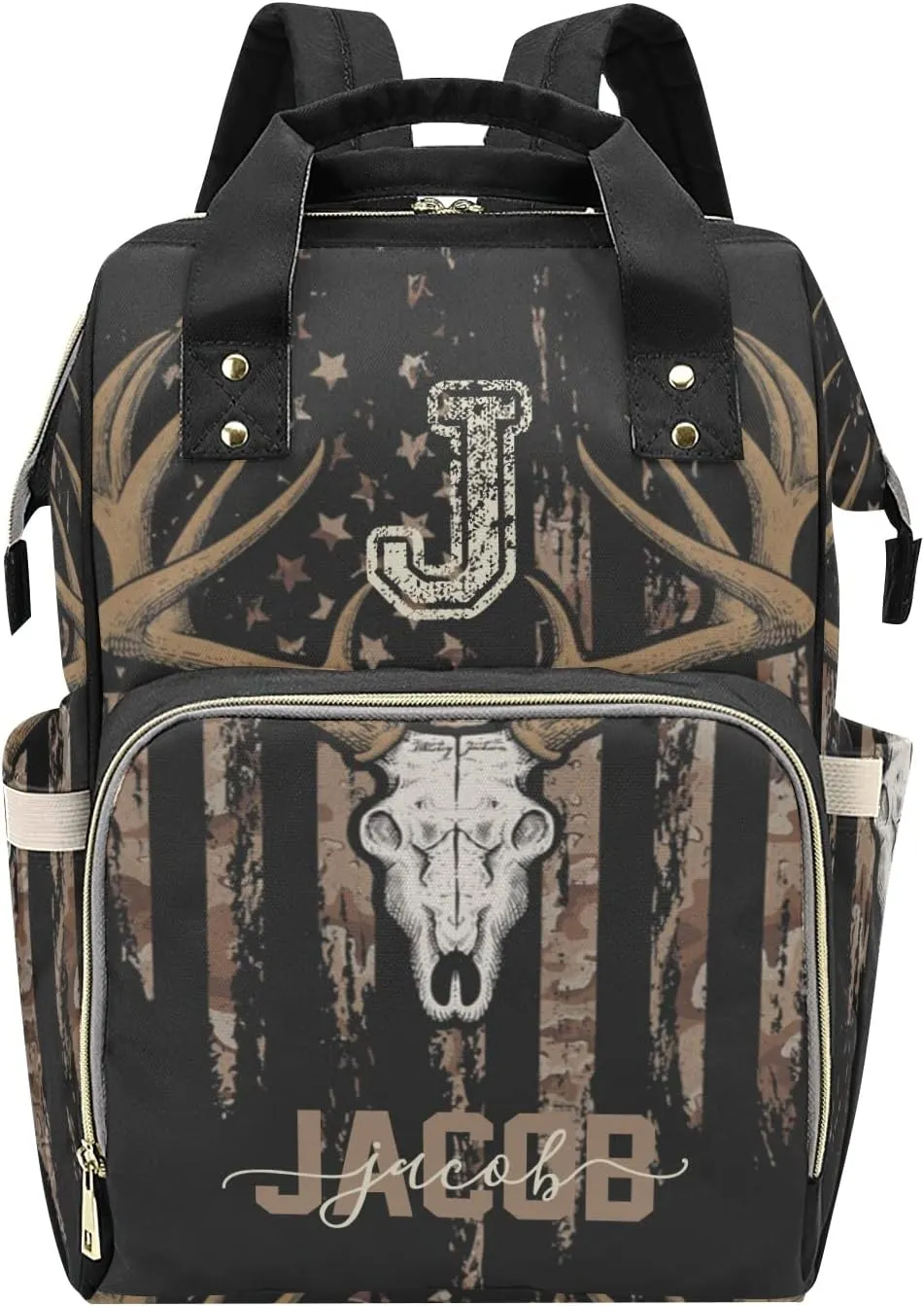 Custom Diaper Bag Backpack - Camo Flag Deer Brown Baby Girl Diaper Bag Backpack for Dad Boy Men with Name
