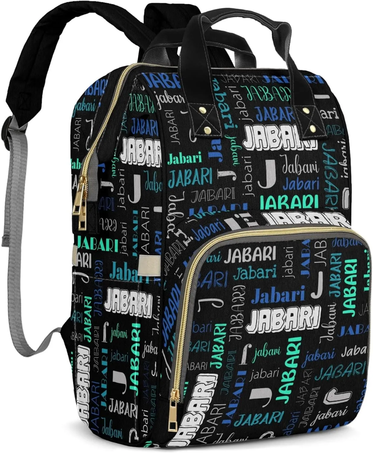 Custom Diaper Bag Backpack for Moms with Name Personalized NameNursing Bag Insulated Pockets Daypack Travel Bag (Black Green 2), 16 inches