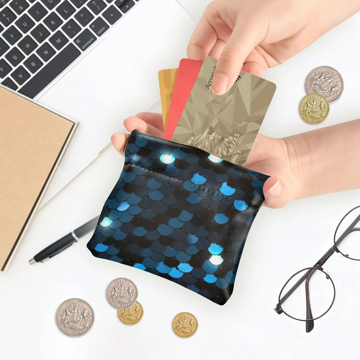 Custom Leather Coin Purse for Men Women Blue Sequined Texture Eps10 Squeeze Change Bag Card Pouch