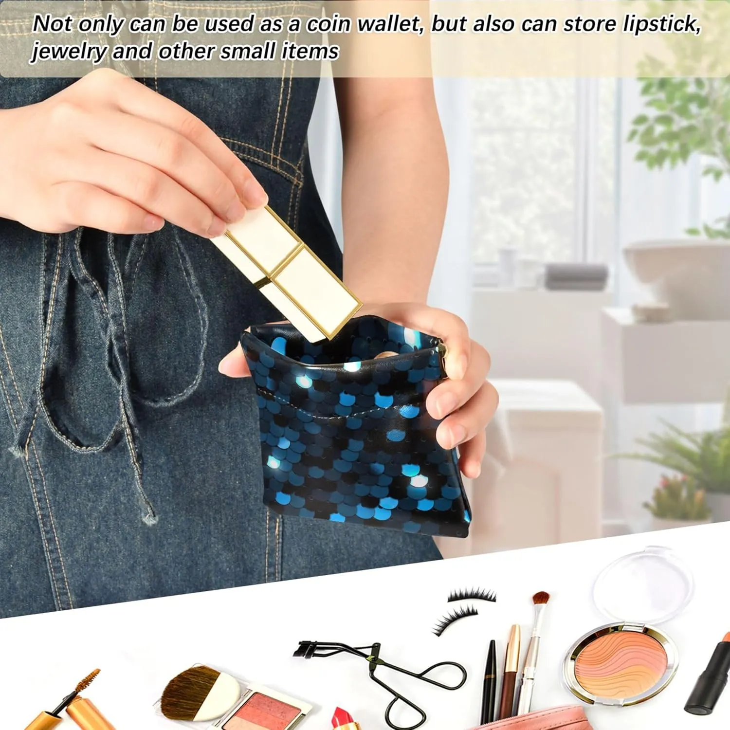Custom Leather Coin Purse for Men Women Blue Sequined Texture Eps10 Squeeze Change Bag Card Pouch