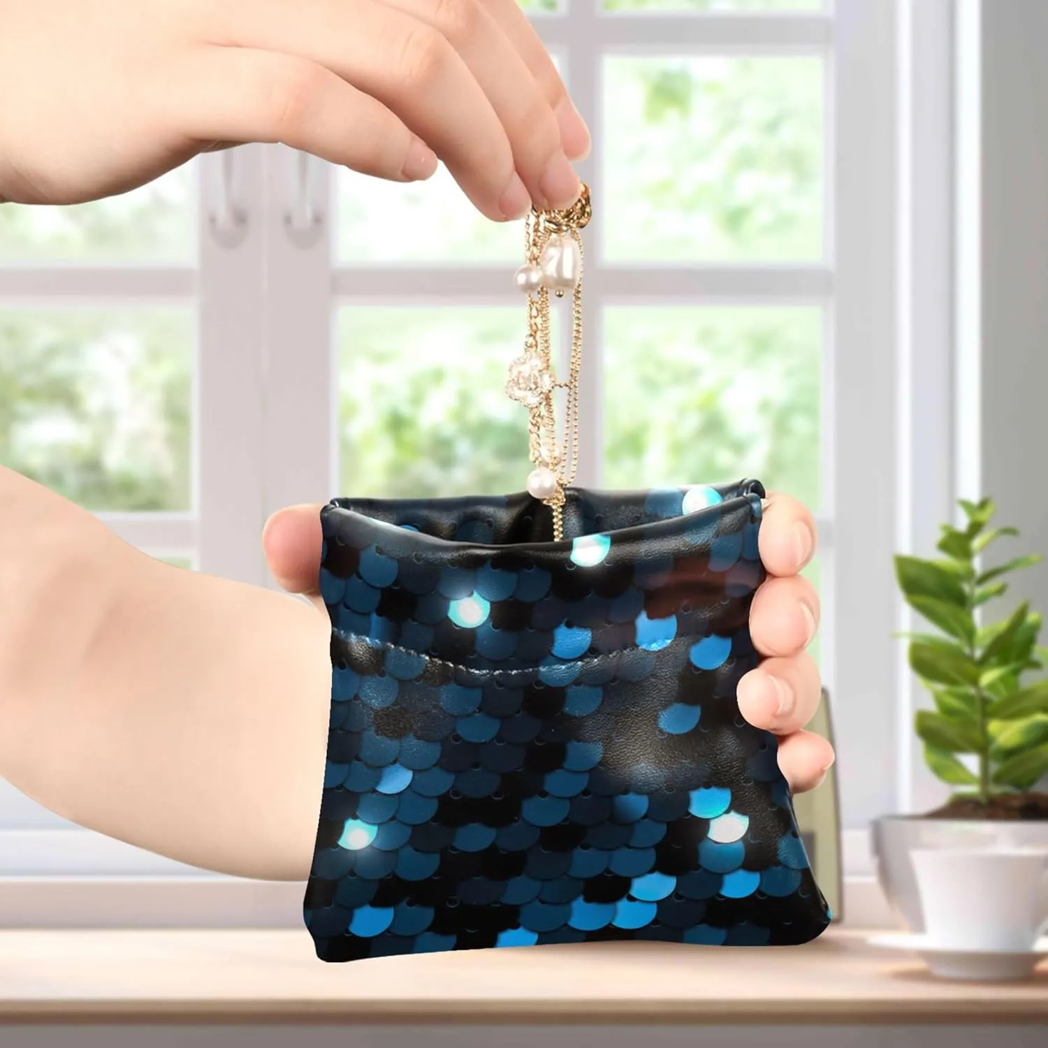 Custom Leather Coin Purse for Men Women Blue Sequined Texture Eps10 Squeeze Change Bag Card Pouch