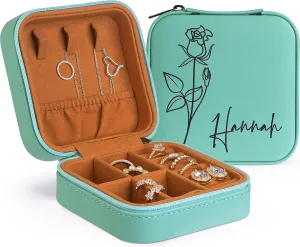 Custom Leather Jewelry Box w/Name & Birth Flower Month - Birthday Gifts for Women, Personalized Jewelry Travel Case - Customized Jewelry Organizer Box, Mom Birthday Gifts - Lime Dream