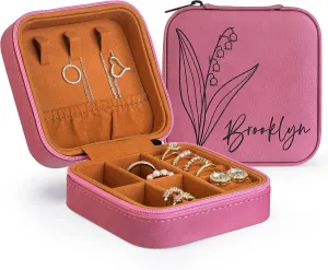 Custom Leather Jewelry Box w/Name & Birth Flower Month - Birthday Gifts for Women, Personalized Jewelry Travel Case - Customized Jewelry Organizer Box, Mom Birthday Gifts - Pink