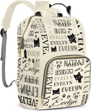 Customizable Large Capacity Diaper Bag Personalized Name, Waterproof Multi-Function Mommy Bag with Thermal Pockets for Girls and Boys，Black Cat