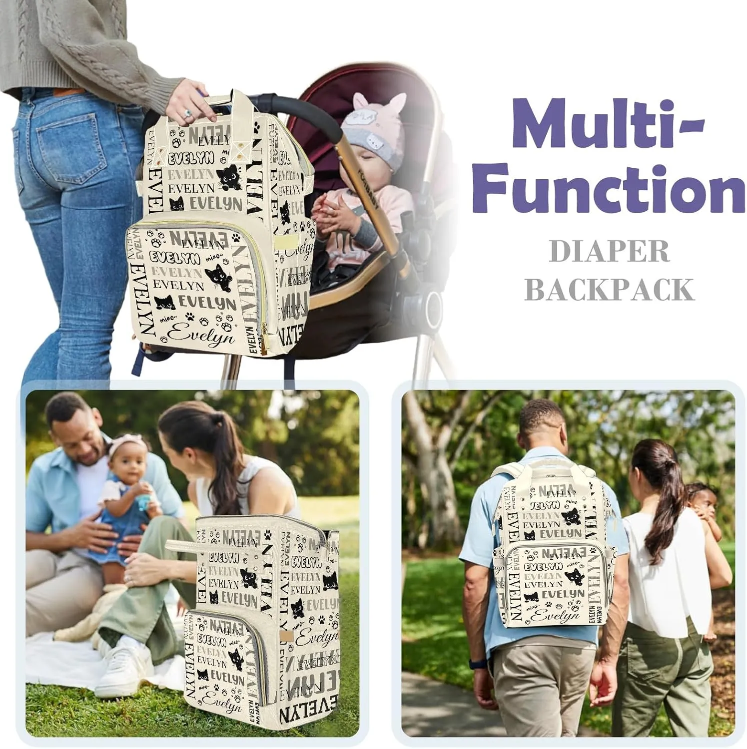 Customizable Large Capacity Diaper Bag Personalized Name, Waterproof Multi-Function Mommy Bag with Thermal Pockets for Girls and Boys，Black Cat