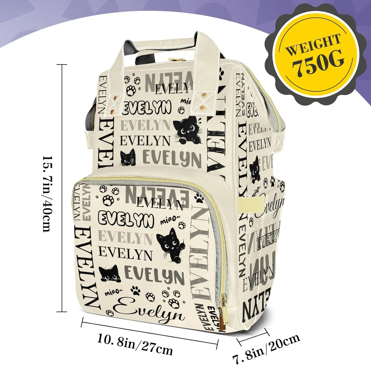 Customizable Large Capacity Diaper Bag Personalized Name, Waterproof Multi-Function Mommy Bag with Thermal Pockets for Girls and Boys，Black Cat
